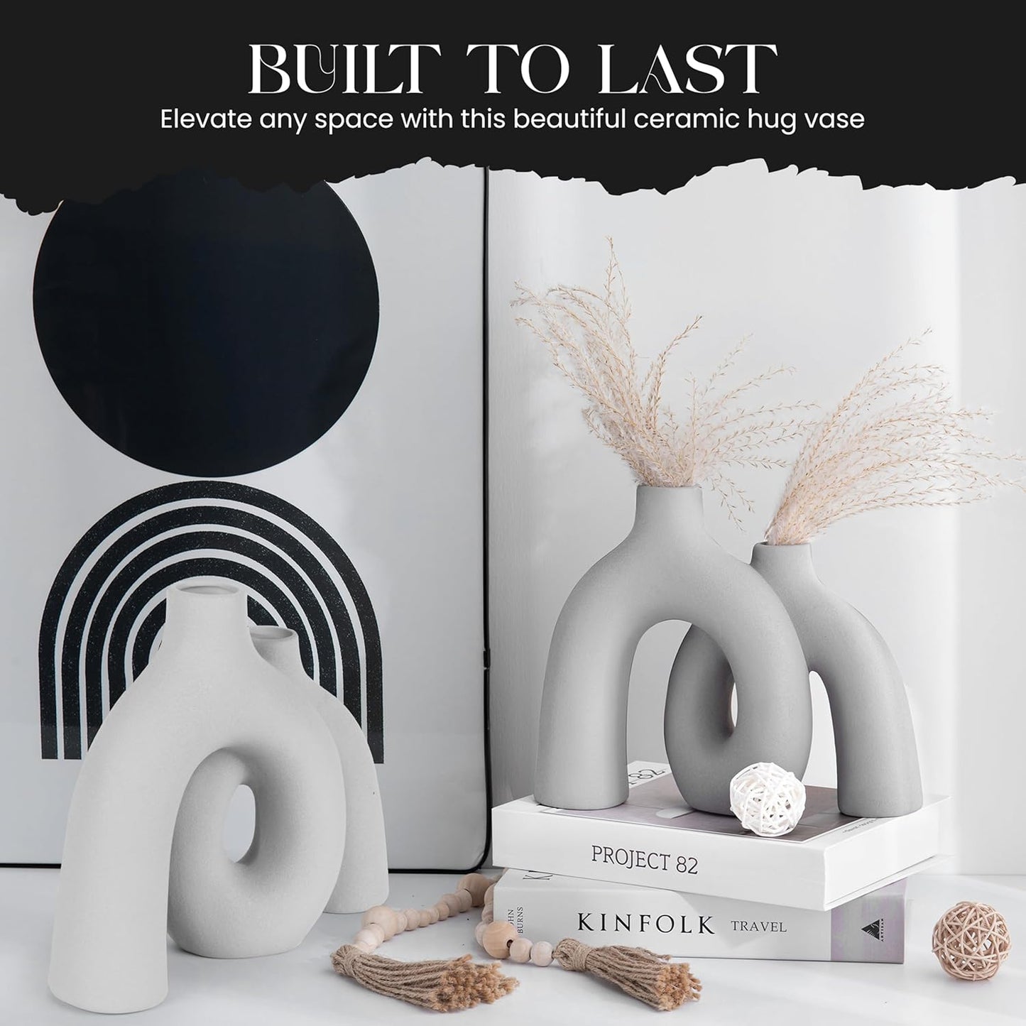 Ceramic Hug Vase (Soft Gray) Modern Donut Style Hugging Vases for Flowers Minimalist Decor – Hollow Ceramic Waterproof Home Decor Vases for Living Room, Bed Room, Book Shelf, Entryway Table.