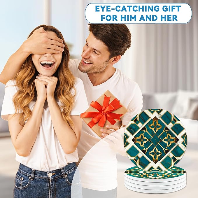 Green Marble Coasters Set of 4, Round Absorbent Ceramic Cup Mat with Cork Base, Cute Coasters for Table Home Decor, Ideal Gifts for Women Men