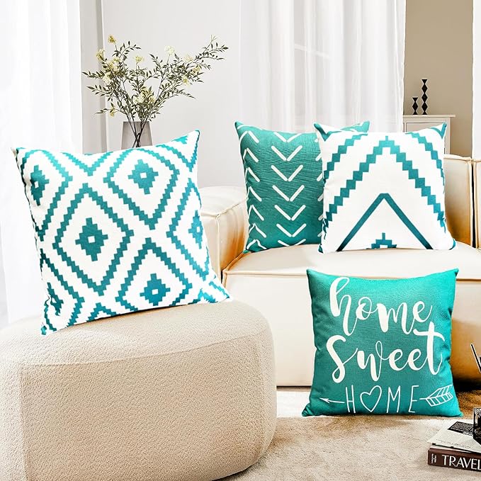 Decorative Throw Pillow Covers Set of 4 Aqua Blue Pillow Covers16x16 inch Throw Pillows Linen Square Pillow Case,Farmhouse Outdoor Modern Geometric Pillow Covers for Couch Sofa Bedroom