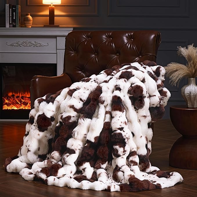 Faux Fur Throw Blanket for Couch, Fluffy Fuzzy Plush Bubble Blanket, Soft Warm Cozy Shaggy Rabbit Blanket, Luxury Decorative Gifts for Sofa Bedroom Living Room, 90x90inch (Cow Print-Brown)