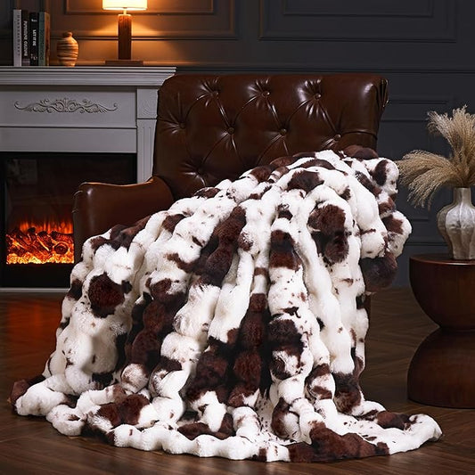 Faux Fur Throw Blanket for Couch, Fluffy Fuzzy Plush Bubble Blanket, Soft Warm Cozy Shaggy Rabbit Blanket, Luxury Decorative Gifts for Sofa Bedroom Living Room, 90x90inch (Cow Print-Brown)