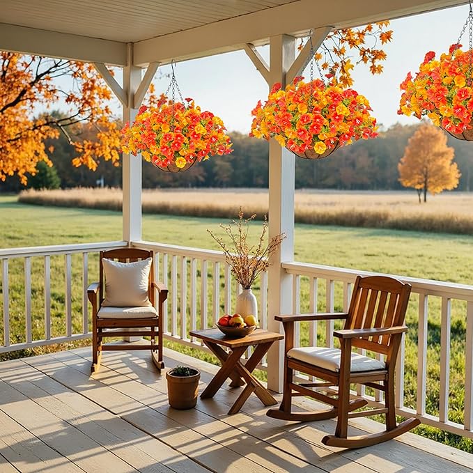 Artificial Hanging Faux Flowers Basket, Fake Silk Petunias Plants Arrangement,for Summer Fall Outdoor Decoration,UV Resistant, Morning Glorias,for Home Garden Decor (Orange&Yellow)