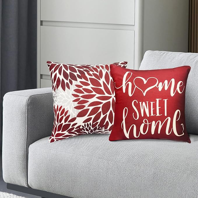 Wine Red Linen Decorative Throw Pillow Covers18x18 Pillow Covers for Couch Sofa Bed Living Room,Set of 4 Boho Pillow Covers Square Outdoor Throw Pillow Cover Cushion Farmhouse Home Decor