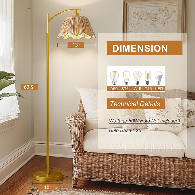 Oneach Arc Floor Lamp for Living Room,Rattan Boho Floor Lamp with Hand-Woven Shade, Foot Switch,Gold Metal Base & Pole,Farmhouse Standing Lamp for Bedroom Corner,Reading
