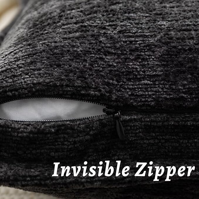 Black Decorative Throw Pillow Covers 26x26 Inch Set of 2 Cozy Soild Chenille Cushion Cases Soft Textured Square Couch Pillows Cover Boho Accent Farmhouse Pillowcases for Sofa Bed