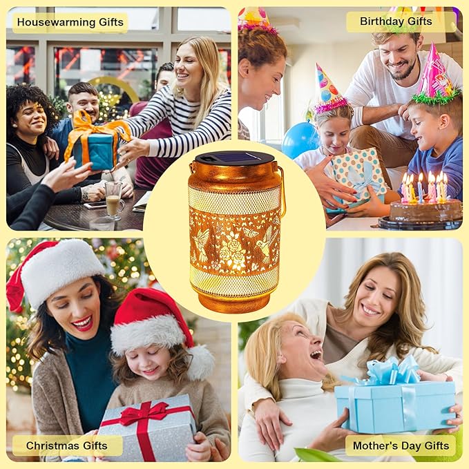 2 Pack Hummingbird Solar Lanterns Outdoor Waterproof Solar Garden Decor, Birthday Gifts for Christmas Women Mom Grandma, Metal Hanging Lights with Shepherd Hook for Yard Patio Pathway Backyard Porch