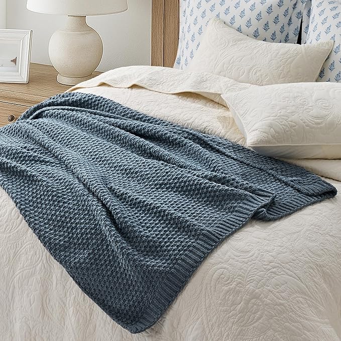 EVERGRACEHOME Chunky Chenille Knit Throw Blanket for Couch, Soft Luxurious Moss Stitch Blankets for Bed, Cozy Decorative Farmhouse Knitted Throws for Sofa, Stormy Blue, 50" x 60"