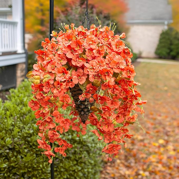 Artificial Fake Fall Hanging Flowers Plants Baskets, 5Pcs Faux Silk Hibiscus Long Vines Outdoor Plants in Planter UV Resistant Realistic Flower for Outside Home Porch Patio Garden (Fall Orange)