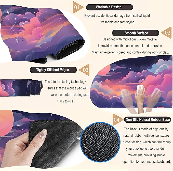 Cute Pink Purple Space Clouds Desk Mat Anime Gaming Mouse Pad Pastel Sky Desk Pad XXL Large Extended Mousepad 31.5x15.75 in, Cool Laptop Computer Keyboard and Mouse Mat for Women Office Decor