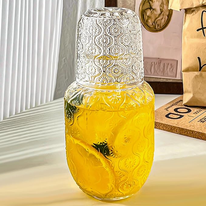 Vintage Bedside Water Carafe and Glass Set for Bedroom Nightstand, Bedside, Ticked Glass Mouthwash Decanter for Bathroom, Water Pitcher Set 18.5 oz
