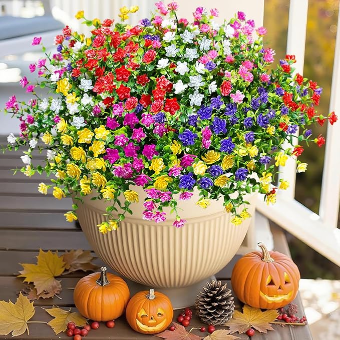 Ivydale Artificial Fake Fall Mums Flowers Plants for Outdoors Indoor Decoration, 12 Bundles Faux Plastic Mix-Colored Daisy Flowers UV Resistant Faux Greenery Bushes Shrubs for Home Porch Patio Garden