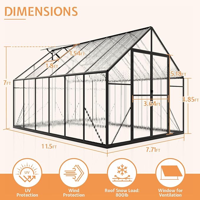 Jocisland 8x11.5x7 FT Polycarbonate Greenhouses for Outdoors, 2 Top-Opening Windows, 2 Swing Doors, Aluminum Walk-in Heavy Duty for Outdoor Use, Backyard Garden, Black
