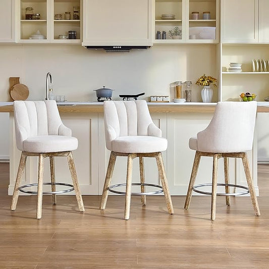 IWOOD Counter Height Bar Stools,Swivel Bar Stools with Backs,Barstools Set of 3,26'' Solid Wood Legs,Thick Seat Upholstered Linen Fabric Counter Height Stools in Beige