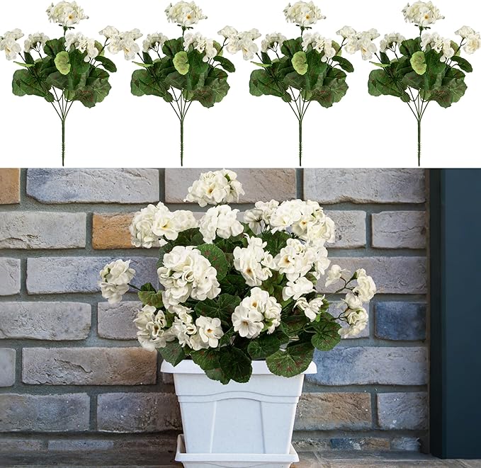 4PCS Home Decor Fake Plants Artificial Flowers Artificial Geraniums Outdoor Fake Flowers Artificial Flowers Fake Silk Bouquet, Fall Decor for Interior Porch Garden Decoration 14.4" (White)