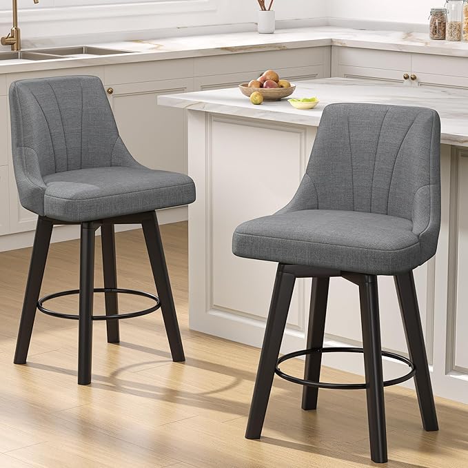 Counter Height Swivel Bar Stool, 24" Upholstered Fabric Barstools Set of 6, Counter Stool Chairs with Back & Solid Wood Legs for Kitchen Island Dining Room (Dark Gray)