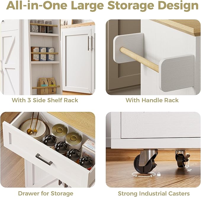 IRONCK Kitchen Island Table with Storage, Rolling Kitchen Cart with Power Outlet, Storage Cabinets on Wheels with Drop Leaf, Portable for Dining Room, White