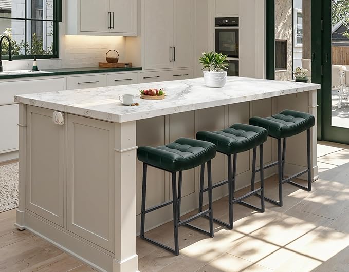 Counter Height Bar Stool for Kitchen Counter Modern Backless Barstool with Upholstered Faux Leather Seat and Metal Frame Industrial 24 inch Bar Chair, Dark Green