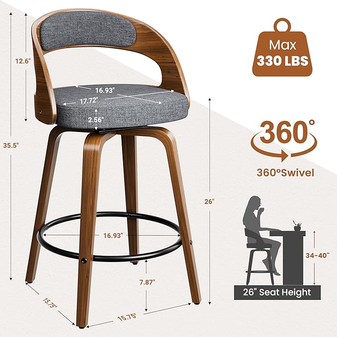 Swivel Bar Stools Set of 2, 26" Upholstered Linen Fabric Barstools with Bentwood Legs, Mid Century Modern Counter Height Bar Stools with Back for Kitchen Island, Dining Room, Grey