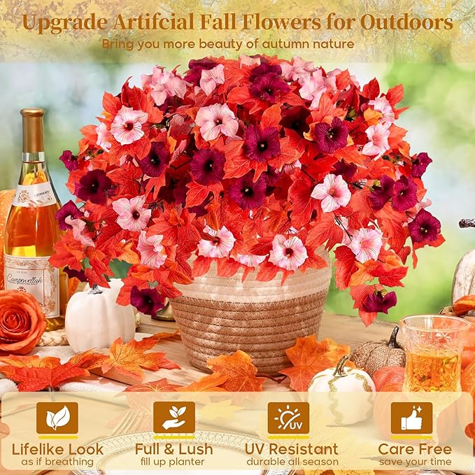 Artificial Fall Fake Flowers Plants for Outdoor Decoration,2 Pcs No Fade Faux Petunias,UV Resistant Realistic Autumn Silk Flowers,for Home Garden Balcony Yard Porch Deco (Dark Red)