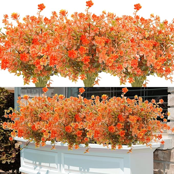 Uieke 24PCS Artificial Fall Flowers for Outdoors UV Resistant Faux Autumn Plants Bushes No Fade Plastic Plants for Outside Garden Porch Window Box Fall Décor Orange