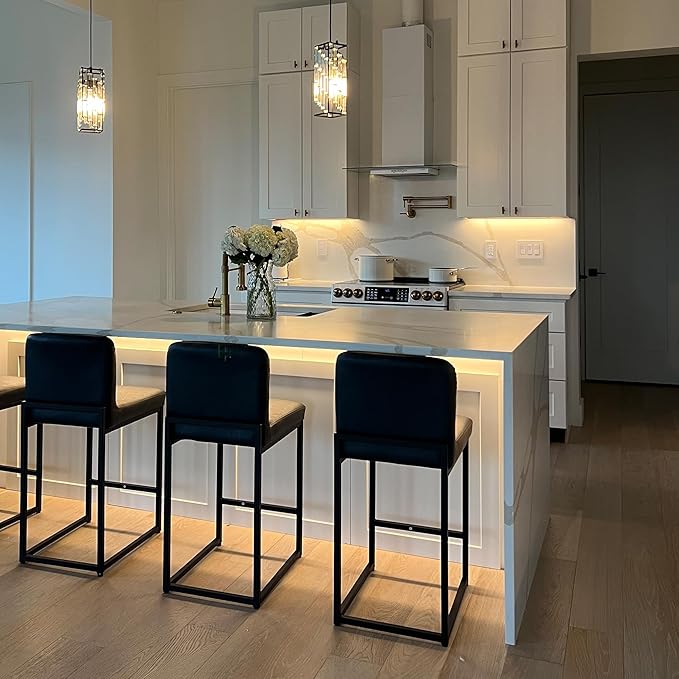 PHI VILLA Bar Stools Set of 3 - Counter Height Bar Stool Faux Leather Barstools with Back, 24" Bar Chairs