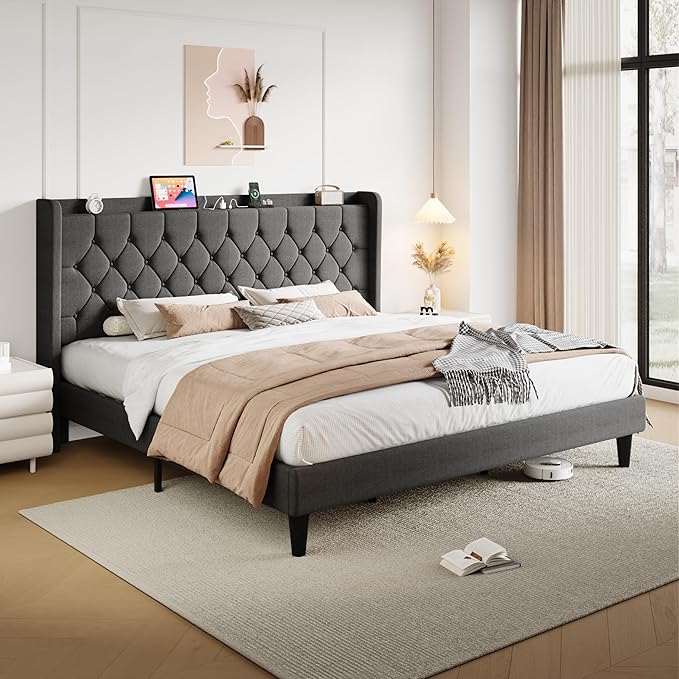 SHA CERLIN King Size Platform Bed Frame with Charging Station, Velvet Wingback Headboard with Storage Shelf, Wooden Slats Support, Ample Under-Bed Space, No Box Spring Needed, Easy Assembly, Dark Grey