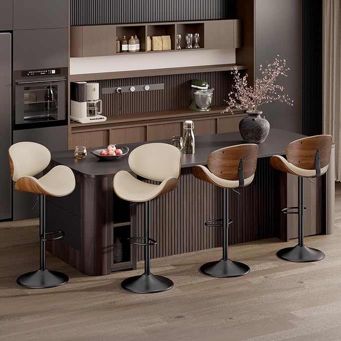 Swivel Bar Stools Set of 4, Seat Adjustable Height 23.5-32.5IN Bentwood Barstools with Back & Footrest, PU Leather Upholstered Counter Height Bar Chairs for Bar Kitchen Dining Room, Beige