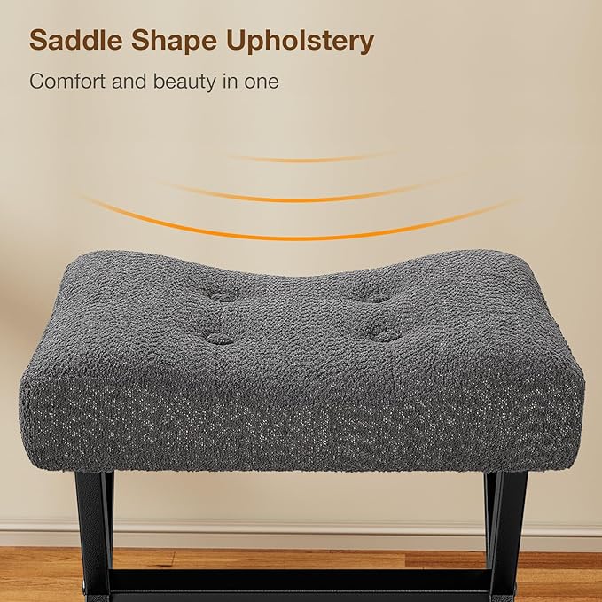 18-Inch Large Vanity Stool Chair, Vanity Bench with Metal X-Legs, Ottoman Accent Stool with Breathable and Soft Boucle Fabric Saddle Seat, Grey