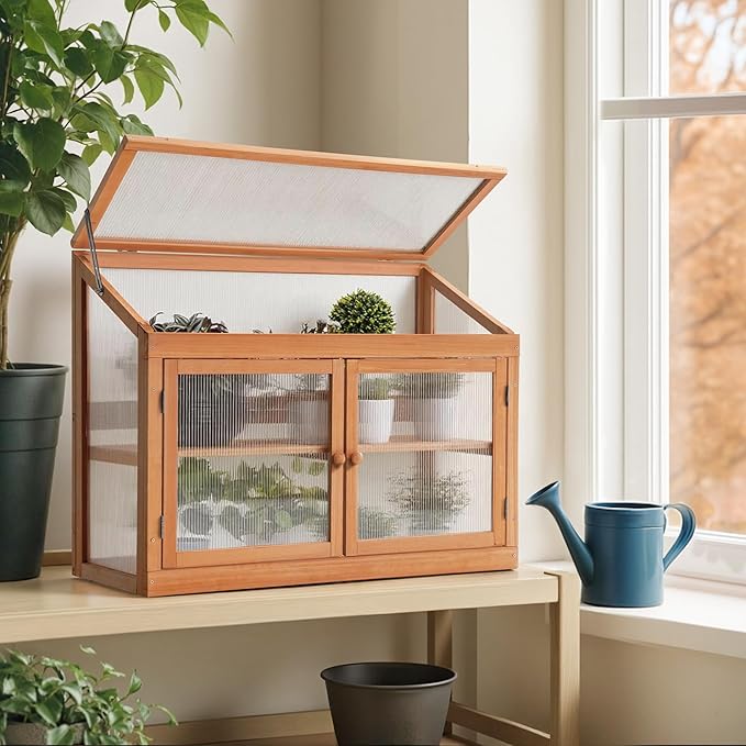 MCombo 2-Tier Wooden Cold Frame Garden Greenhouse Raised Flower Planter Shelf Bed Protection 6057-0160 (Orange)