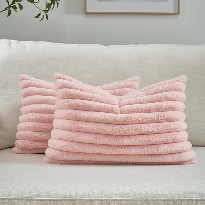 FUTEI Pink Striped Decorative Throw Pillow Covers 12x20 Inch Set of 2,Rectangle Fall Decorations Couch Lumbar Pillowcase,Soft Cozy Faux Rabbit Fur & Velvet Back,Modern Home Decor for Bed