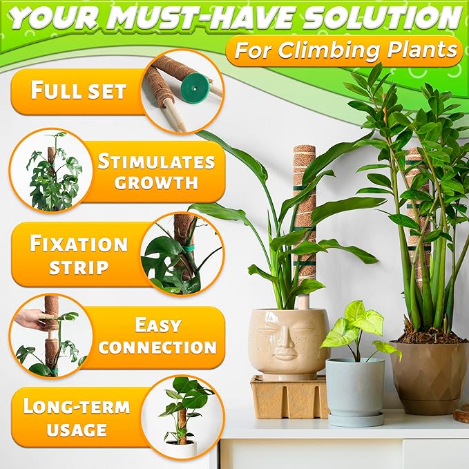 2 Pack Moss Pole Monstera Plant Support 12” Each Moss Plant Pole Moss Poles for Climbing Plants Monstera Support Pole Plant for Indoor Plants Moss Sticks for Indoor Plants Climbing Plant Poles