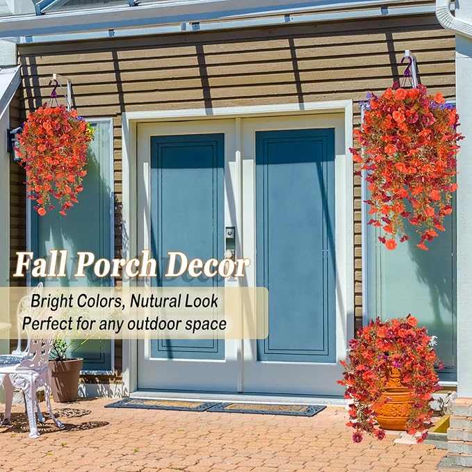Artificial Fall Flowers for Outdoors, 4 pcs Fall Faux Mums for Outdoor Planters, Fake Mums for Yard Patio Lawn Garden, Artificial Flowers Fall Porch Decor, Morning Glory Silk Flowers