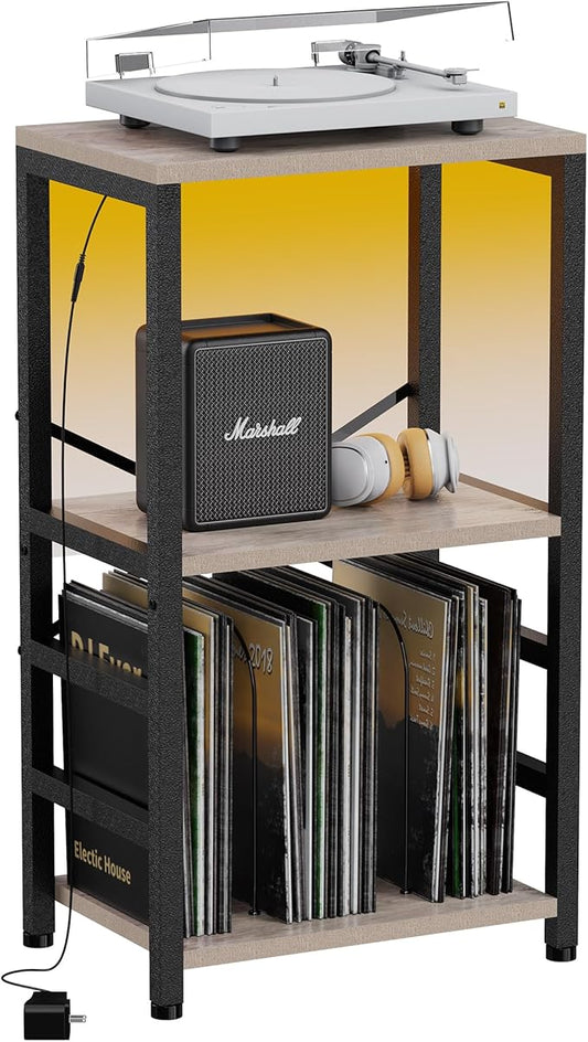 End Table with LED Light,Record Player Stand with Albums Storage,Vinyl Records Storage,Turntable Stand Side Table for Music Room Studio Living Room Bedroom-Greige