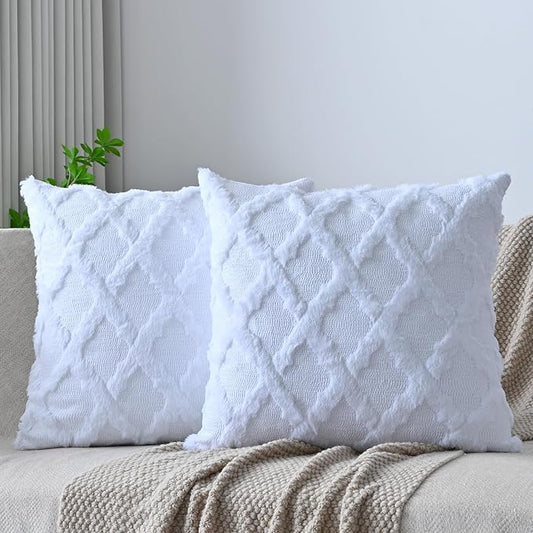 Set of 2 Soft Moroccan Throw Pillow Covers 16x16 Inch Plush Boho Decorative Pillow Cover Accent Cushion Case for Couch Sofa Bed, Pure White