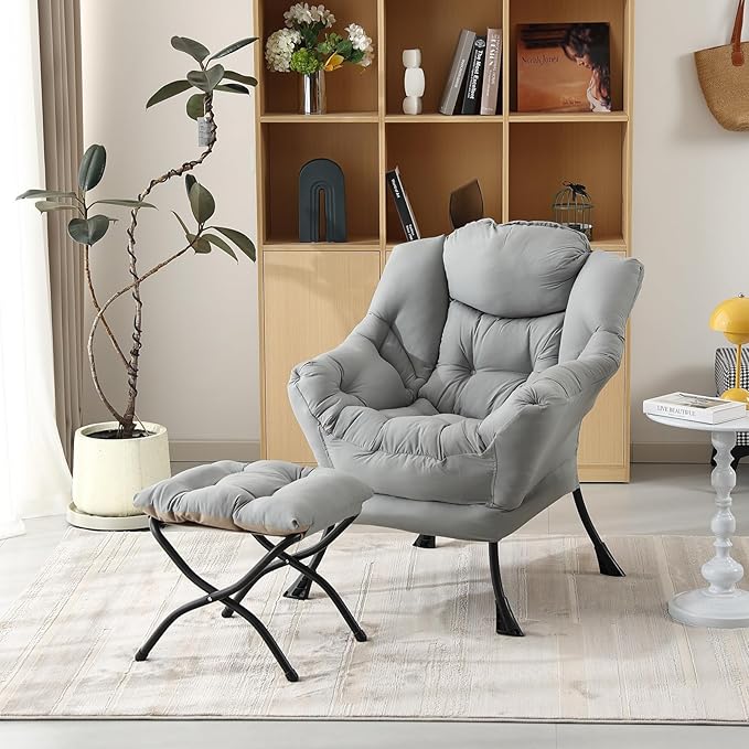 Welnow Lazy Chair with Ottoman, Modern Lounge Accent Chair with Armrests and a Side Pocket, Leisure Sofa Armchair Set, Reading Armchair with Footrest for Small Space, Light Grey