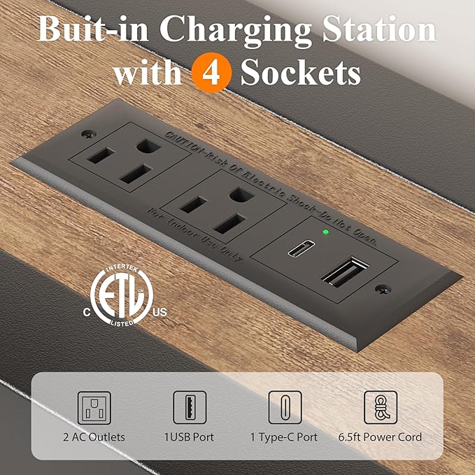 Full Size Bed Frame with Storage Headboard, Industrial Platform Bed with Charging Station and LED Lights, Heavy Duty Metal Slats, No Box Spring Need, Noise Free, Rustic Brown