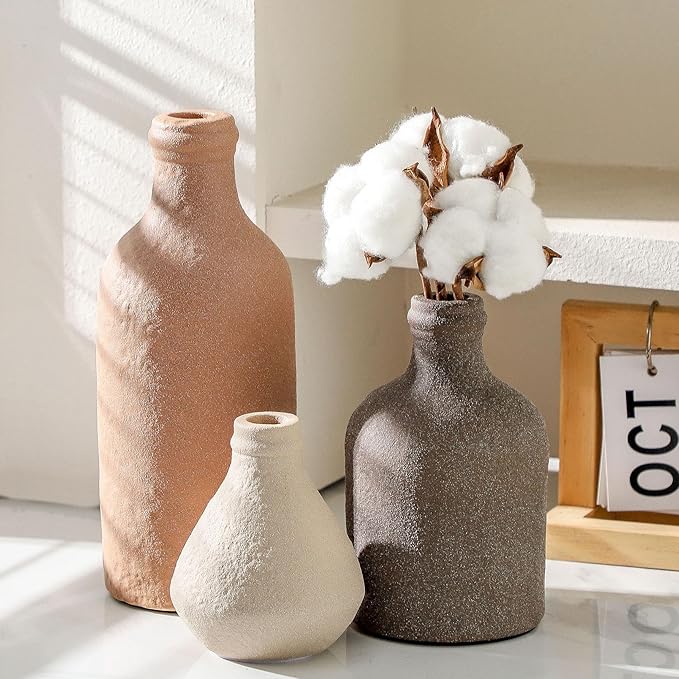 Ceramic Vase Set of 3, Vases Home Decor, Decorative Vases for Table, Boho Flower Vase Modern Neutral Vases for Room Decor, Table, Mantel,Entryway Living Room Kitchen Bedroom Bathroom - Brown