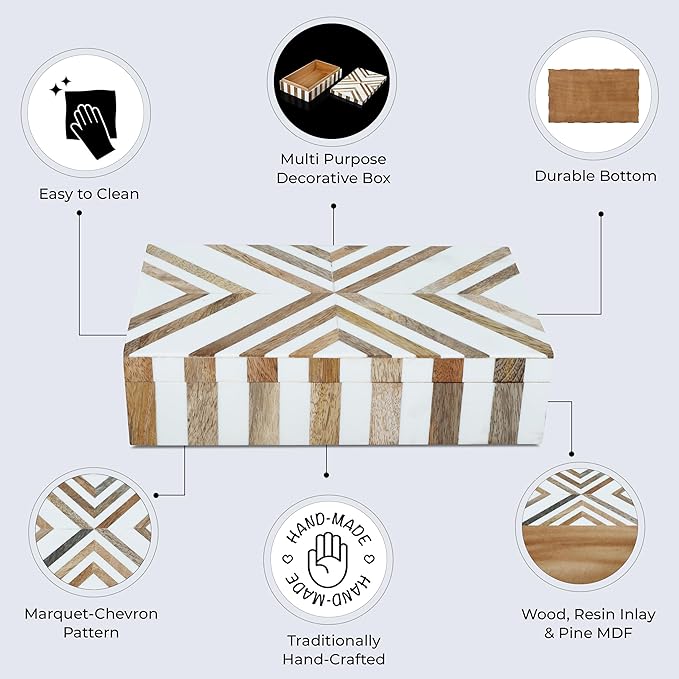 Handicrafts Home Marquet Chevron Decorative Box Shelf Decor, Dressing Table Organizer, Storage Box with Lid–Resin Inlay & Wood Organizer Box–Modern Decor, Keepsake, Jewelry Box for Women-10X6X2.5 inch