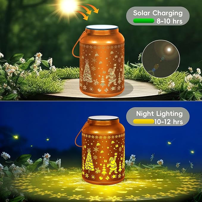 2 Pack Solar Lantern Outdoor Waterproof Christmas Tree Snowflake Decor, 7-Color Changing & Warm White Light, 12H Long Lasting, Gifts for Women Mom Grandma, Hanging Metal Lights for Patio Yard Porch