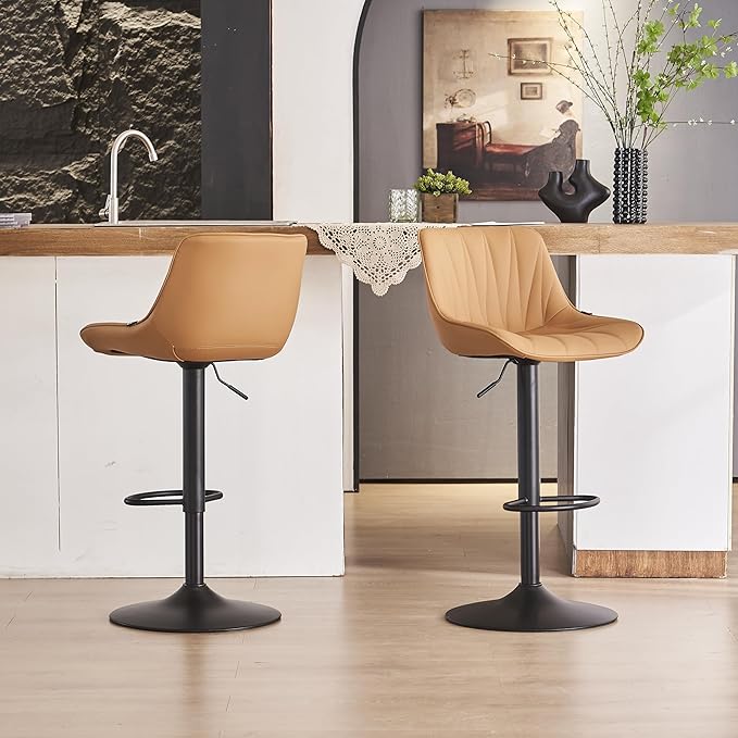 YOUNIKE Saffron Bar Stools Set of 2, Tan Swivel Barstools for Kitchen Island, Adjustable Leather Padded Bar Chairs with Back, Modern Counter Height Stools with 300LBS Support