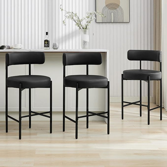 28'' Faux Leather Bar Stools Set of 3, Bar Height Stools for Kitchen Island, Black Barstools with Backs, Upholstered Counter Chairs (Vegan Leather, Black)