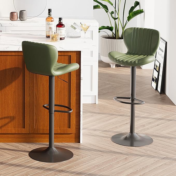 SUNLEI Swivel Swivel Bar Stools Set, Barstools Counter Height with Shell Shaped Backrest, Adjustable Moder Stools Pu Leather Bar Stool for Kitchen Counter, Island, Bars, Dining Room(Green, Set of 2)