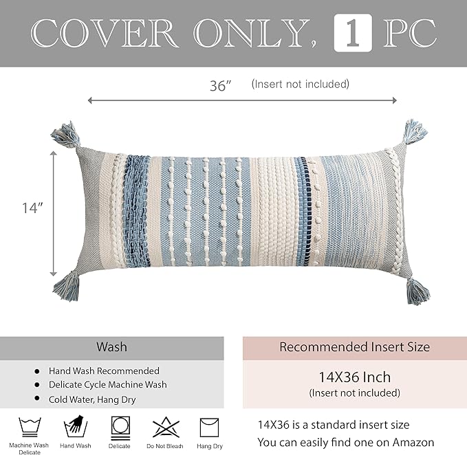 BlissBlush Coastal Blue Decorative Lumbar Pillow Cover 14x36 Boho Long Body Pillow for Bed Farmhouse Lumbar Throw Pillow for Couch Modern Accent Textured Throw Pillowcase
