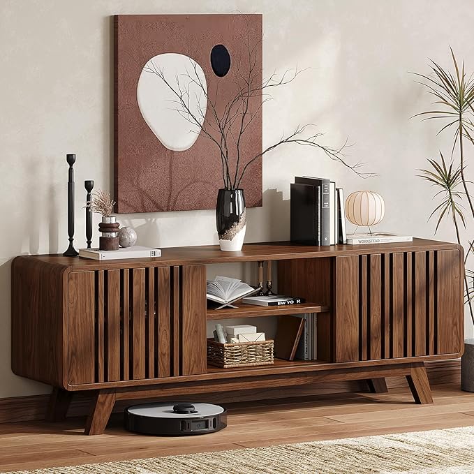 ONBRILL 63-Inch TV Stand for TVs up to 75 Inch, Mid-Century Modern Television Stand with Power Outlet, Entertainment Center with Sliding Grille Door Cabinets and Open Shelves for Living Room, Walnut