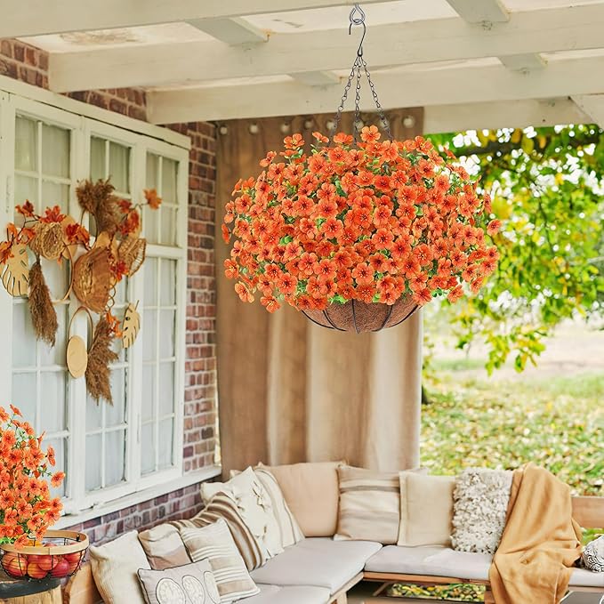 Artificial Fall Flowers Hanging Plants in Basket, Artificial Hanging Flowers for Autumn Outdoor Indoor Decor, UV Resistant Hanging Baskets with Fake Flowers for Fall Patio Garden Porch Deck Decoration