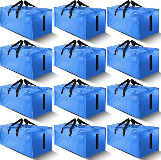 12 Pack Large Strong Moving Bags with Zippers & Carrying Handles - Water-Resistant - Heavy Duty Storage Tote for Space Saving, Fold Flat, Alternative to Moving Box (Sky Blue)