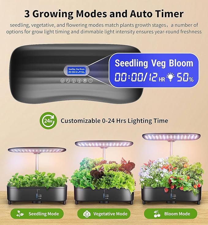 Hydroponics Growing System Kit 15 Pods Misting Herb Garden Indoor Garden Indoor Gardening System 5L Water Capacity 48W Grow Light Gardening Gifts for Women House Warming Gifts New Home (Black)
