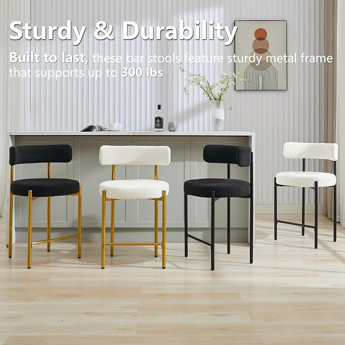 24'' Boucle Bar Stools Set of 2, Beige Bar Stools with Backs, Counter Height Bar Height Stools for Kitchen Island, Upholstered Bar Chairs