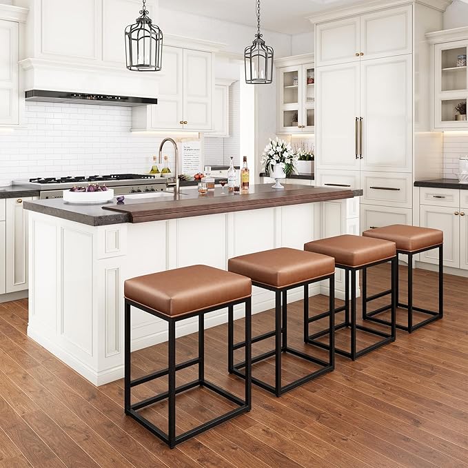 PHI VILLA Brown Leather Bar Stools Set of 4, Counter Height Barstools Kitchen Chairs, 24 inch Counter Stools