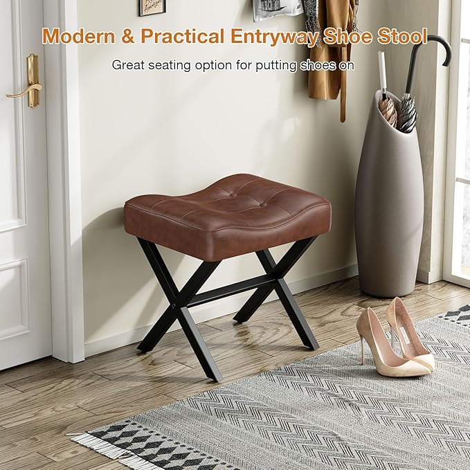 18-Inch Large Leather Vanity Stool, Vanity Chair with Metal X-Leg, Ottoman Accent Stool with Thick Padded Saddle Seat, Dark Brown